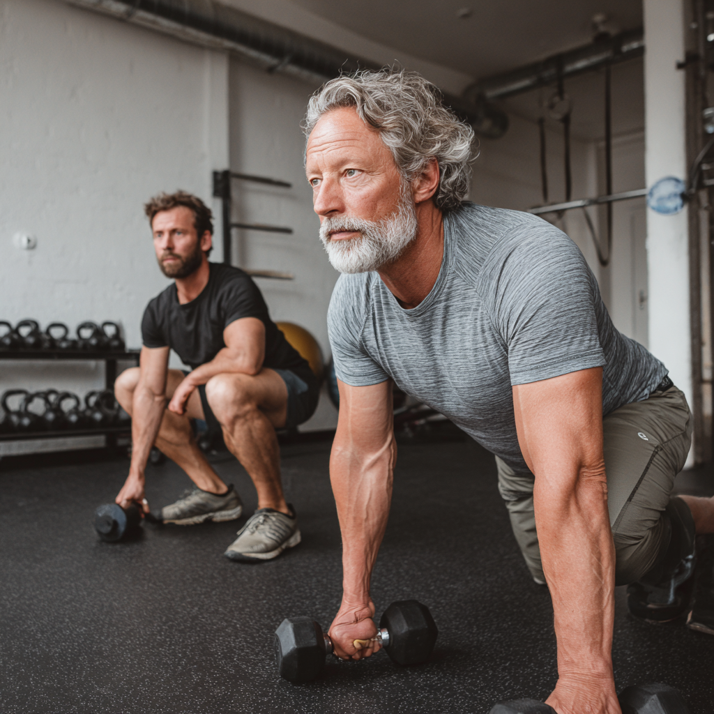 Чоловік 60 років на пробному тренуванні з персональним тренером, виконує базові вправи з правильною технікою