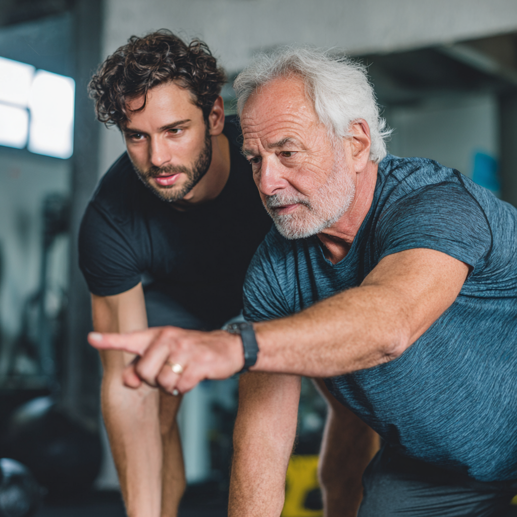 Досвідчений тренер 58 років проводить індивідуальне заняття з клієнтом, демонструє правильну техніку виконання вправ